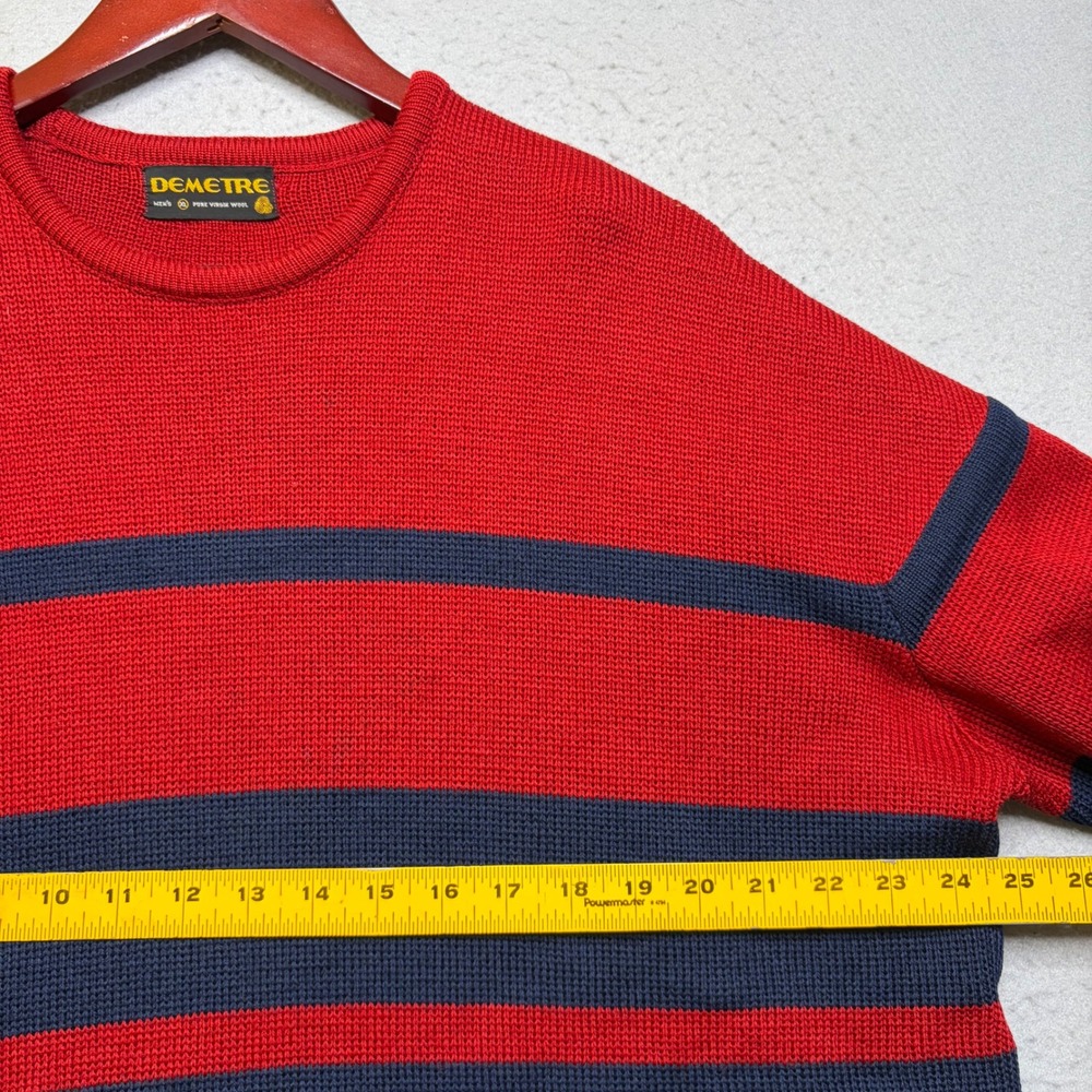 Demetre Sweater Mens XL Red Navy Striped Pure Virgin Wool Vintage 90s Distressed - Picture 7 of 11